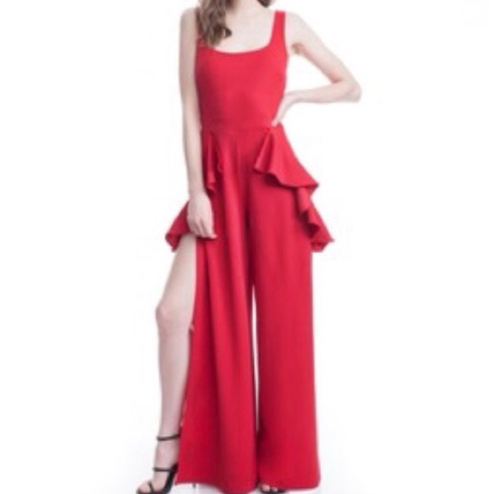 Red Square Neck High Leg Slit Ruffle Detail Pant Jumpsuit